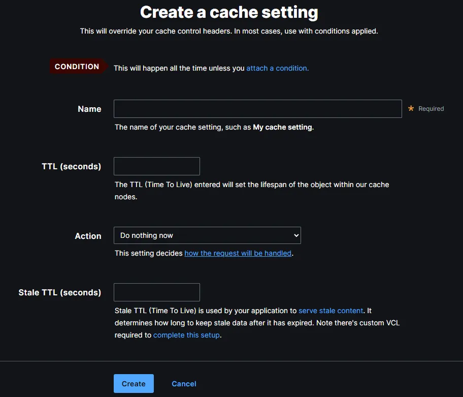 Create a cache setting form